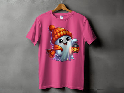 Pink t-shirt with a happy ghost wearing a hat and scarf, holding a jack-o'-lantern.