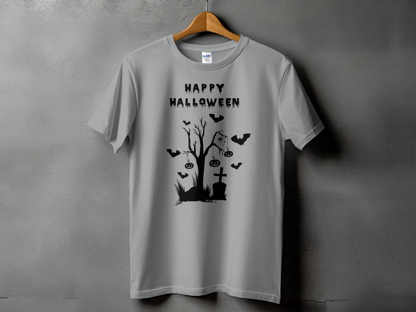 Grey t-shirt with black "Happy Halloween" text and spooky graveyard graphic.