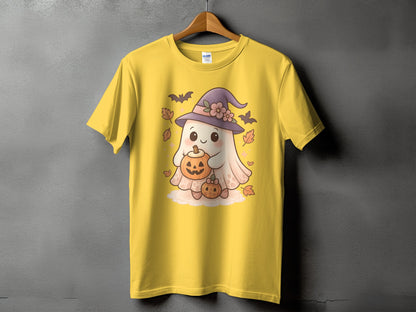 Yellow t-shirt with a cartoon ghost wearing a witch hat and holding pumpkins.