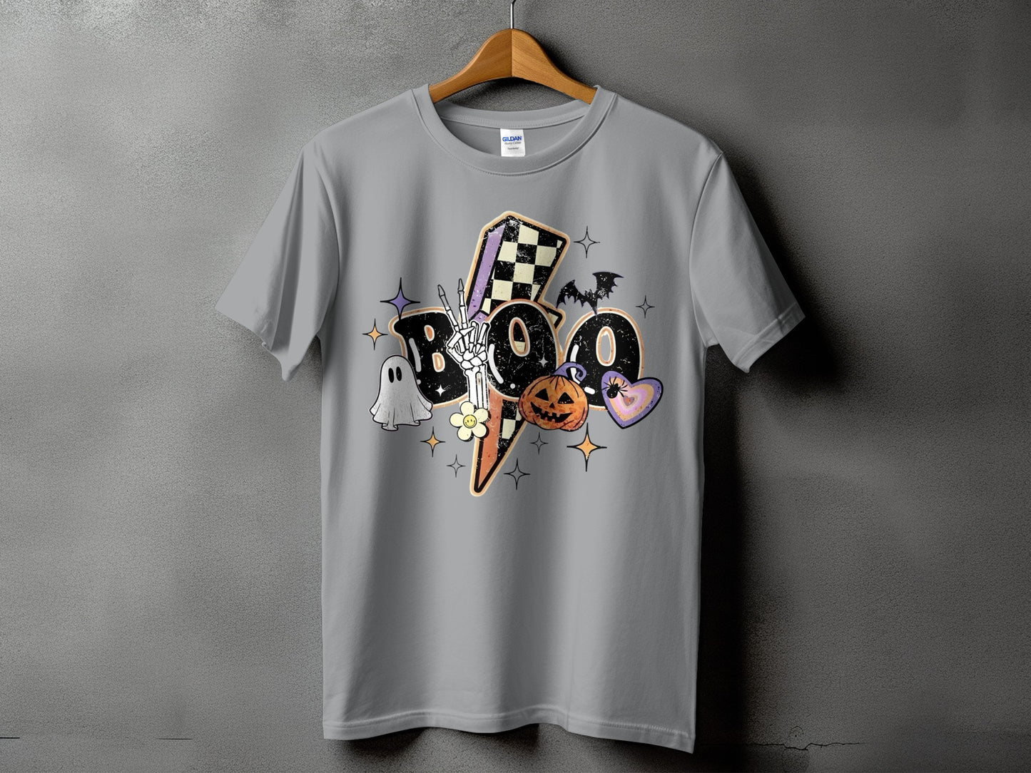 Gray t-shirt with "BOO" design featuring skeleton hand, pumpkin, ghost, and bat.
