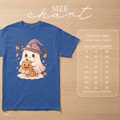 Gildan 5000 Heavy Cotton T-shirt with cute ghost and pumpkin design, size chart included.