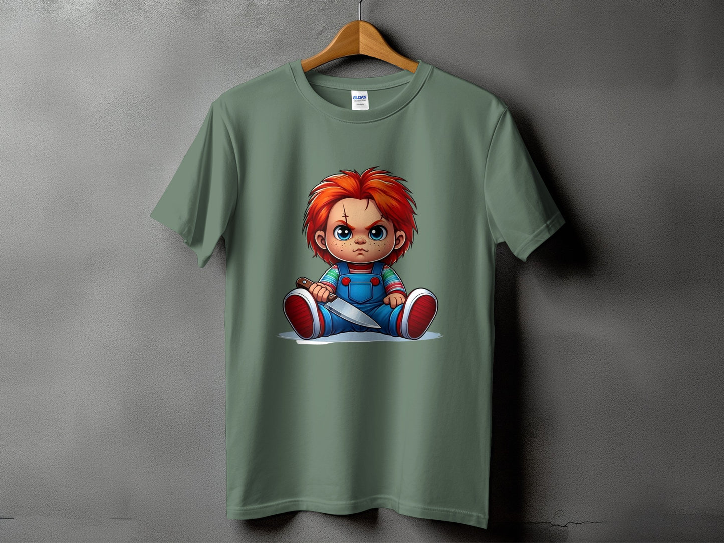 Green t-shirt with Chucky doll illustration holding a knife