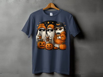 Three cute ghosts in sunglasses and hats hold coffee cups with pumpkins around them.