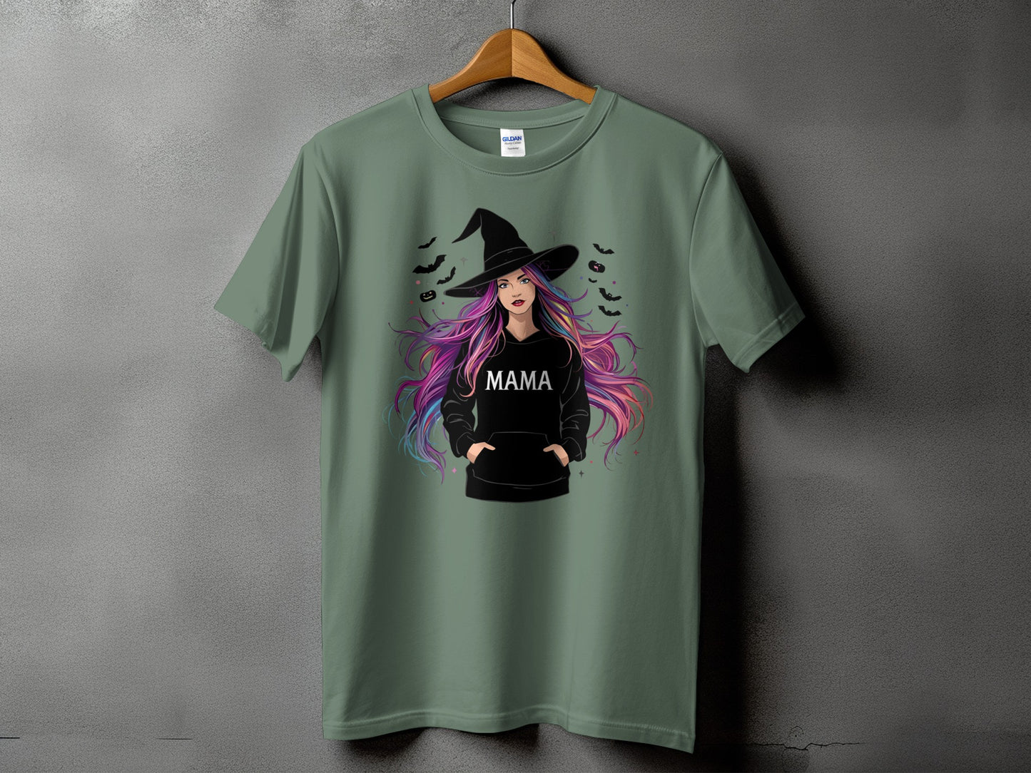Green t-shirt with witch graphic and "MAMA" text