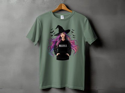 Green t-shirt with witch graphic and "MAMA" text