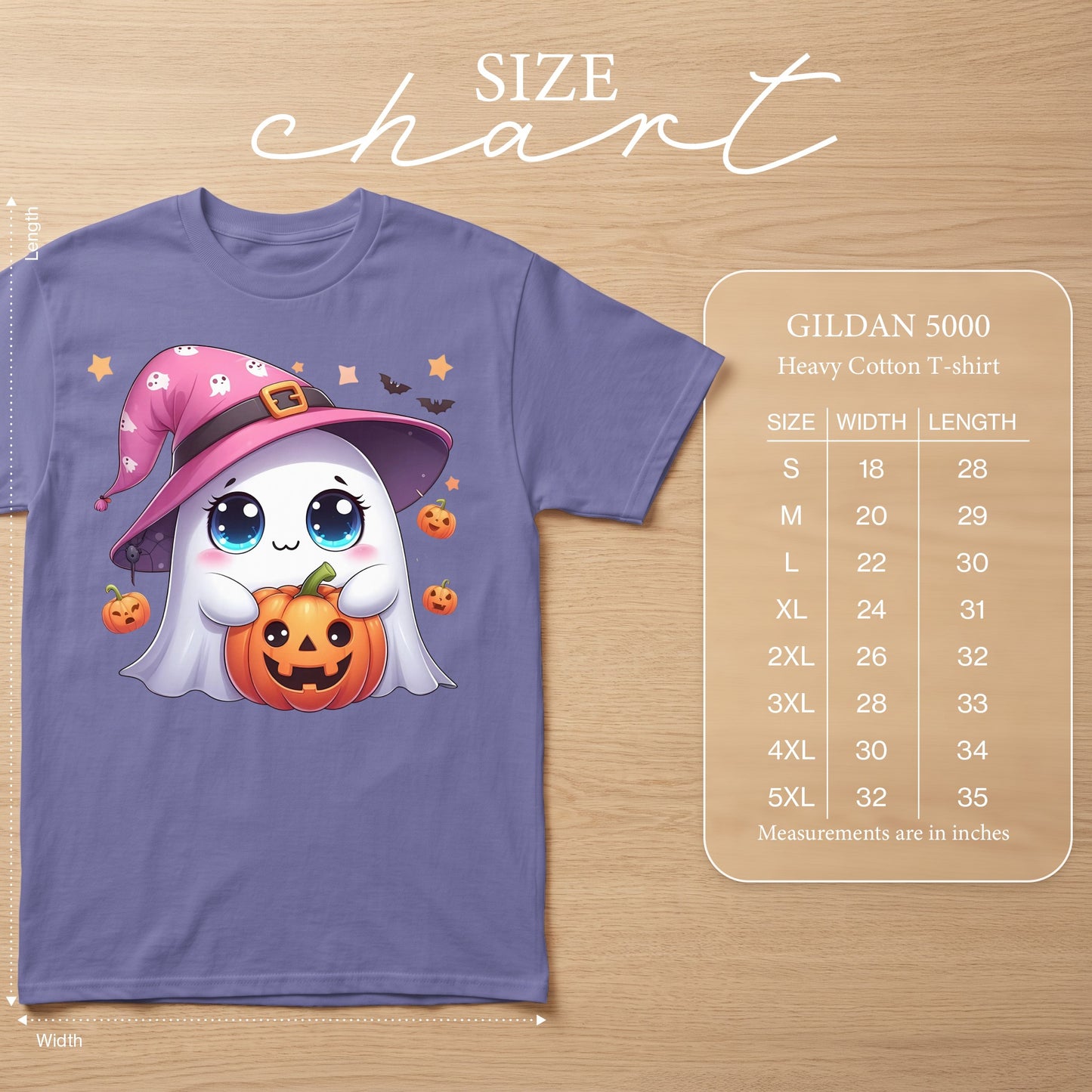 Purple t-shirt with cute ghost holding pumpkin, Gildan 5000 size chart.