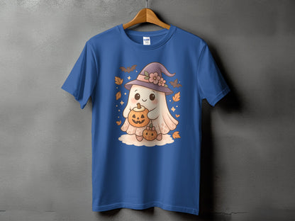 Blue t-shirt with a cute ghost wearing a witch hat holding pumpkins.