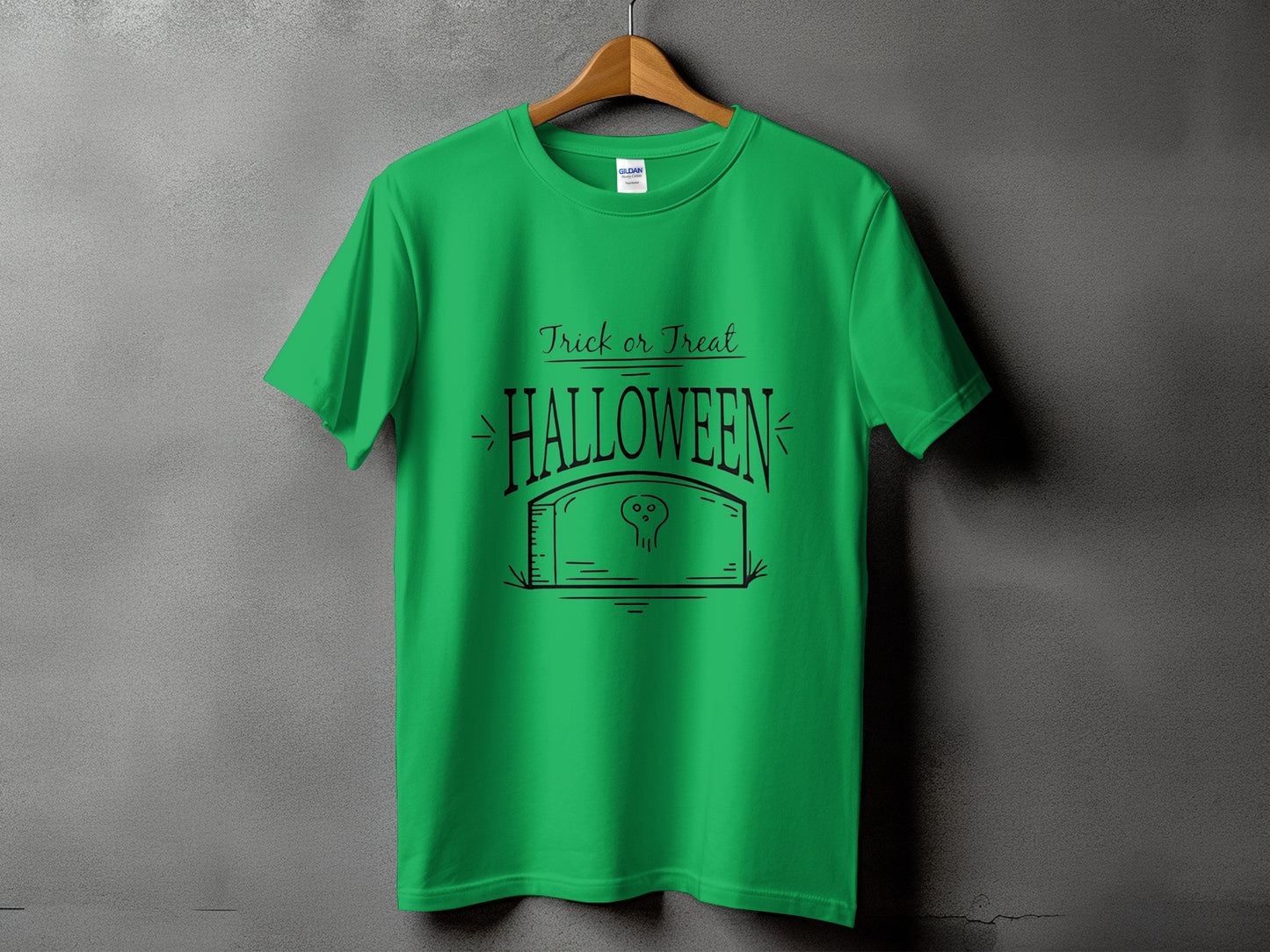 Green t-shirt with black "Trick or Treat Halloween" text and coffin graphic.