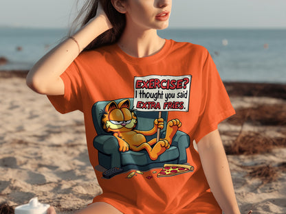 Garfield Exercise Extra Fries Funny Graphic Tee