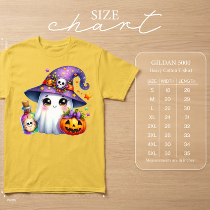 Yellow Gildan 5000 t-shirt with a cute ghost wearing a witch hat and holding a potion and pumpkin.