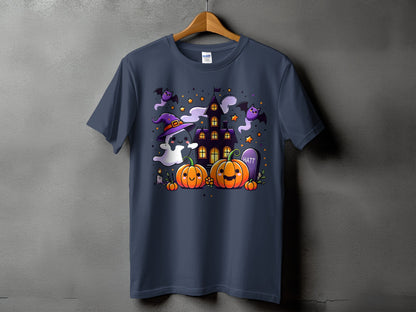 T-shirt with Halloween ghost, bats, pumpkins, haunted house, and tombstone graphic.