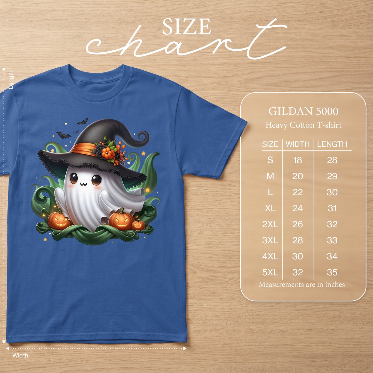 Blue Gildan 5000 heavy cotton t-shirt with ghost graphic and size chart.