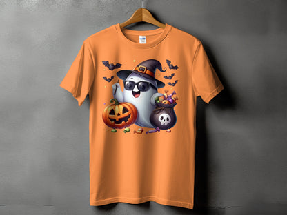 Orange t-shirt with a Halloween ghost, pumpkin, candy bag, and bats graphic.