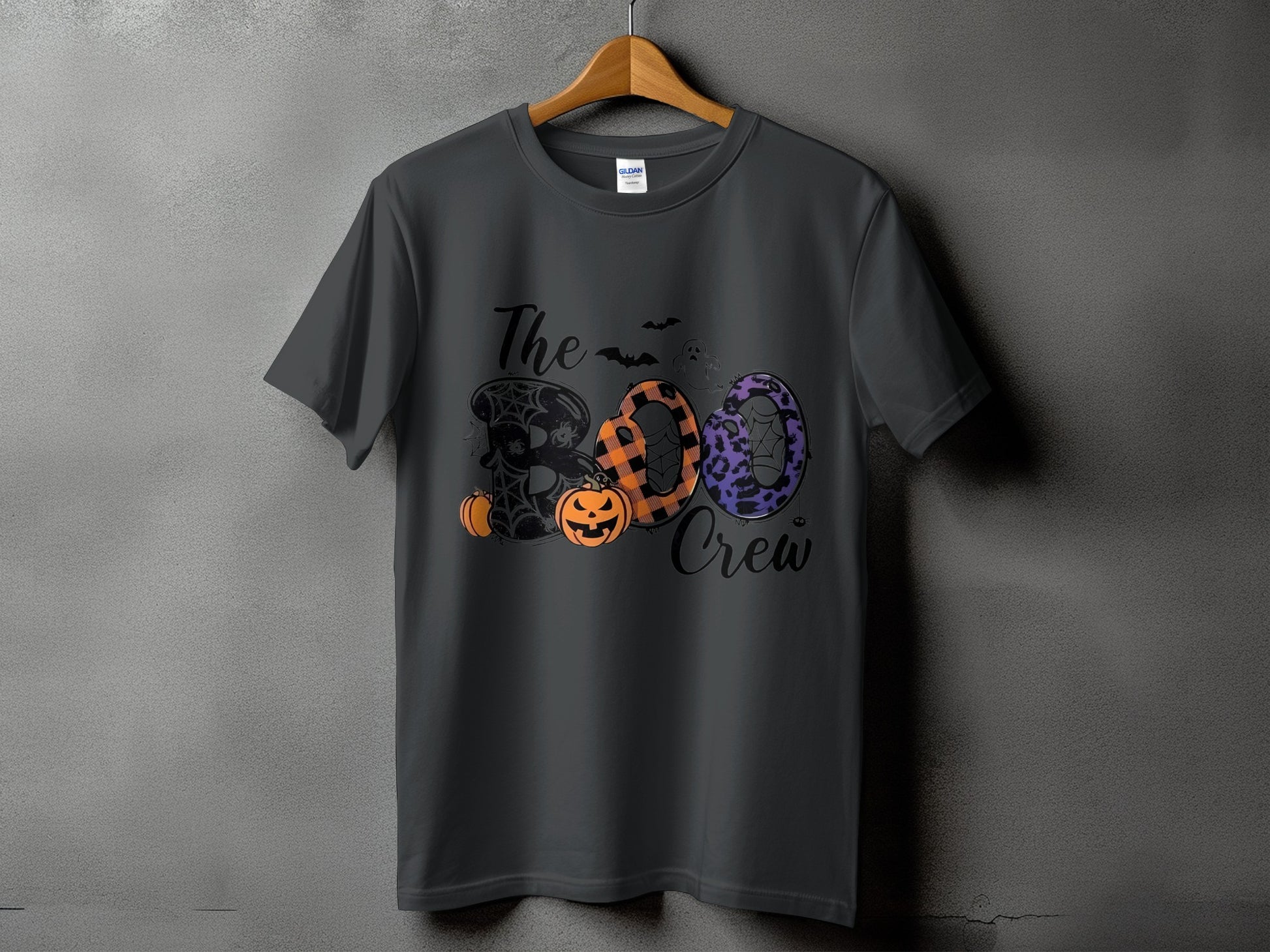 Dark gray t-shirt with "The Boo Crew" Halloween graphic and pumpkins.