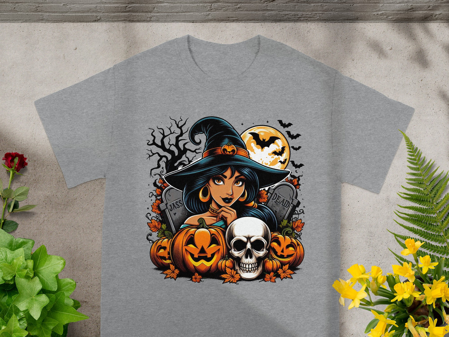 Halloween graphic with witch, pumpkins, skull, gravestones, bats, and full moon.
