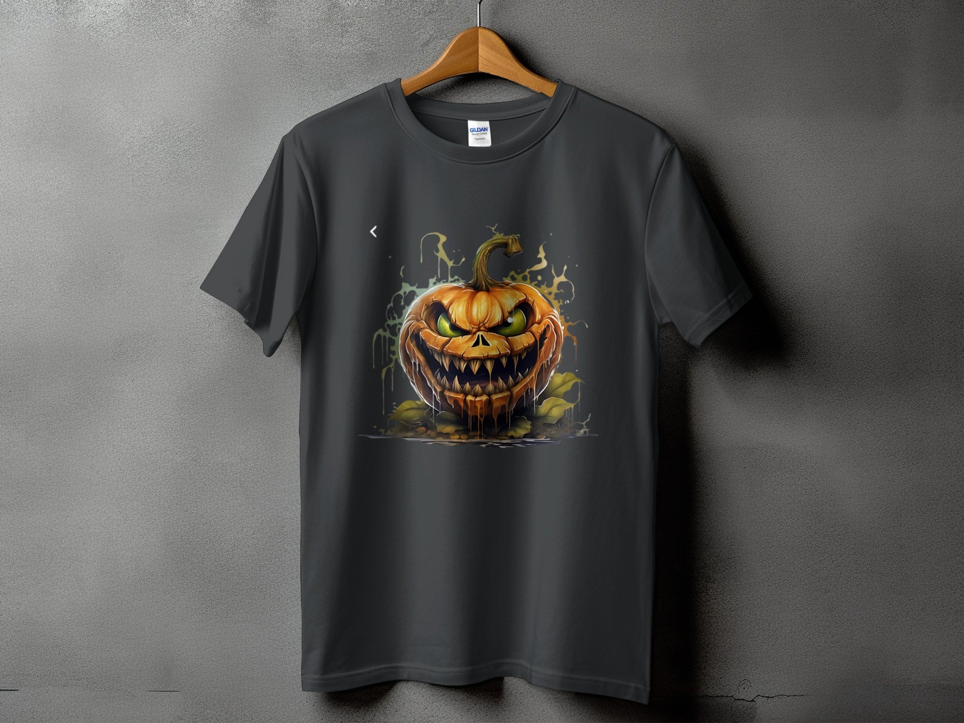Dark grey t-shirt with a scary jack-o'-lantern design and yellow splashes.