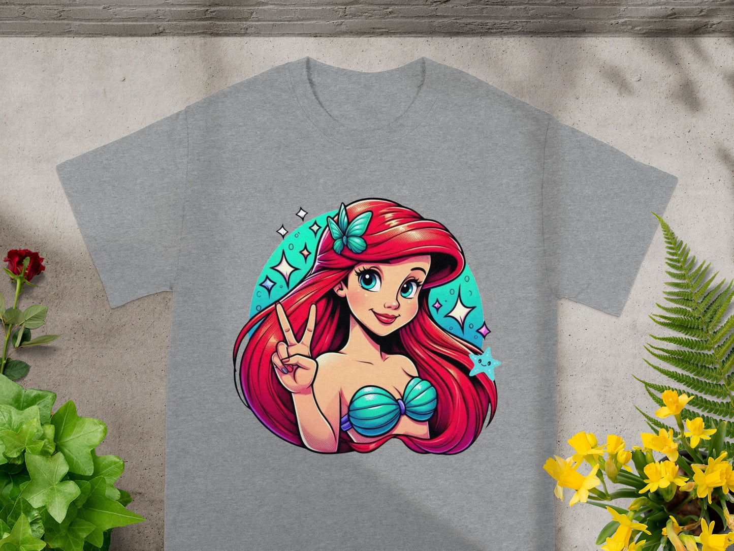 Ariel from The Little Mermaid making peace sign on grey t-shirt.
