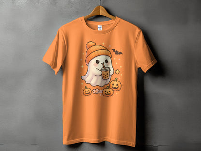 Orange t-shirt with ghost, pumpkins, and bubble tea Halloween graphic.
