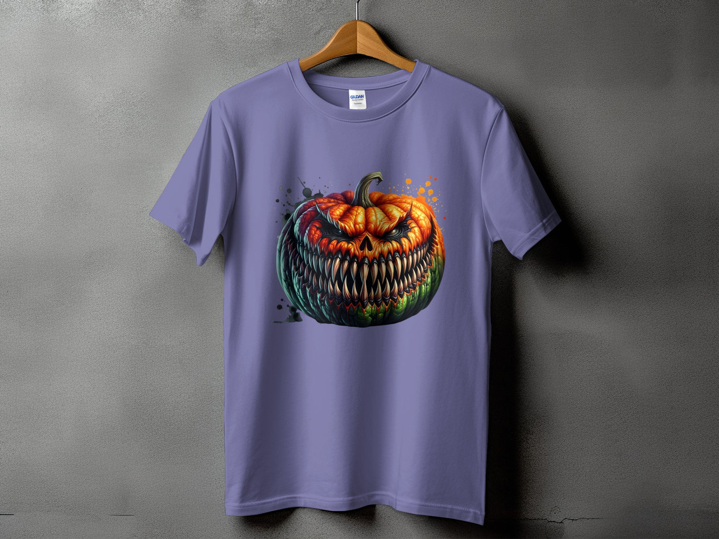 Purple t-shirt with a menacing, grinning jack-o'-lantern graphic.