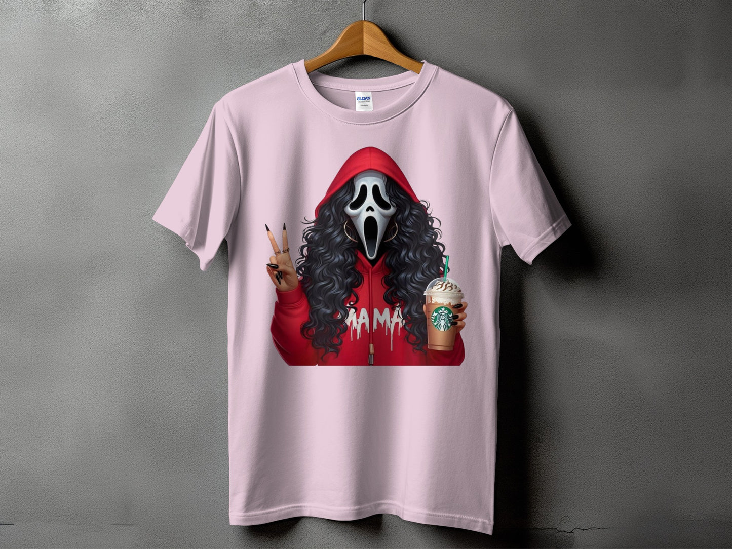 Ghostface wearing a red hoodie and holding a Starbucks drink, with "MAMA" text.