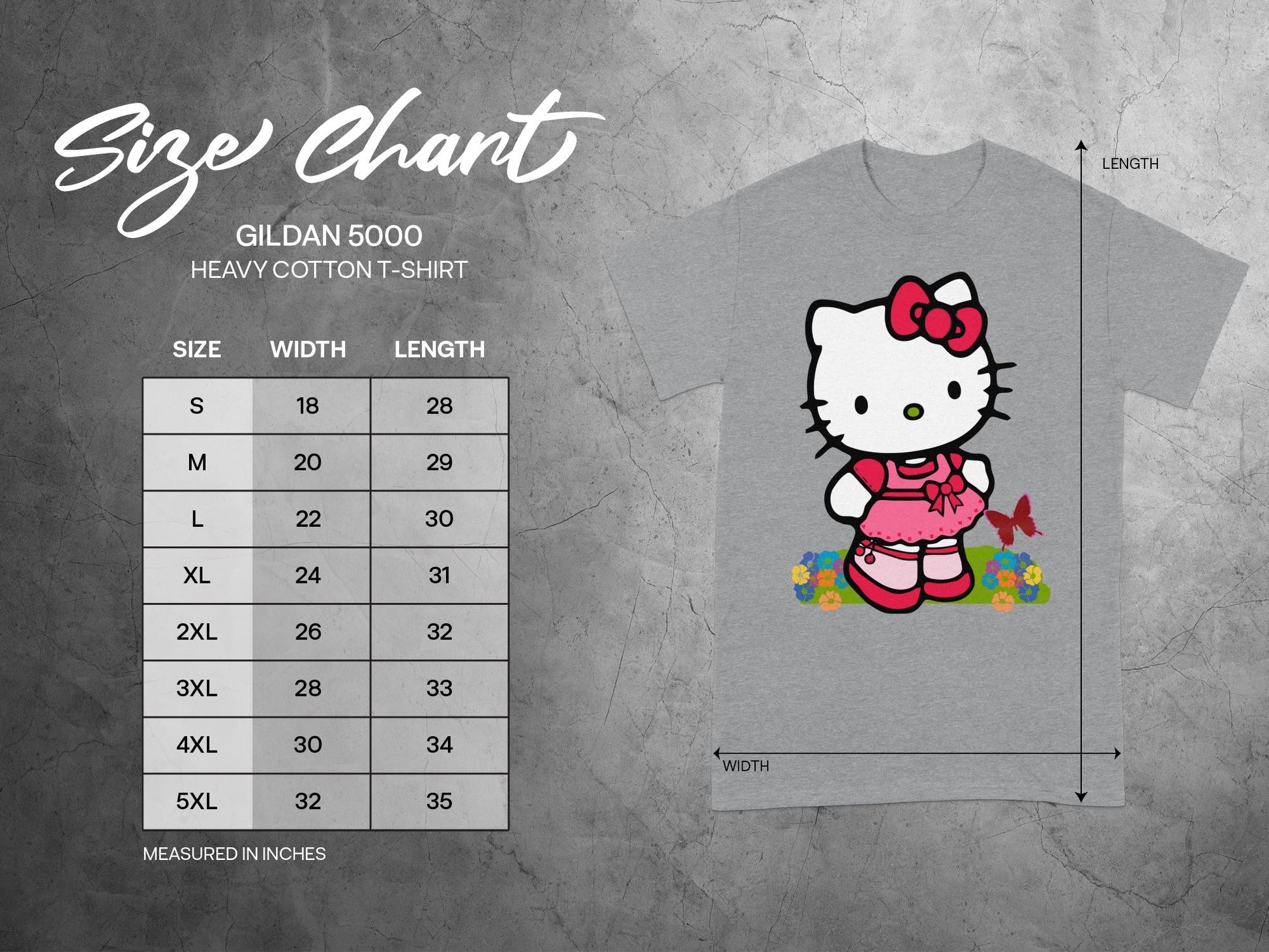 Gildan 5000 Size Chart Hello Kitty Design Measured IN INCHES product type