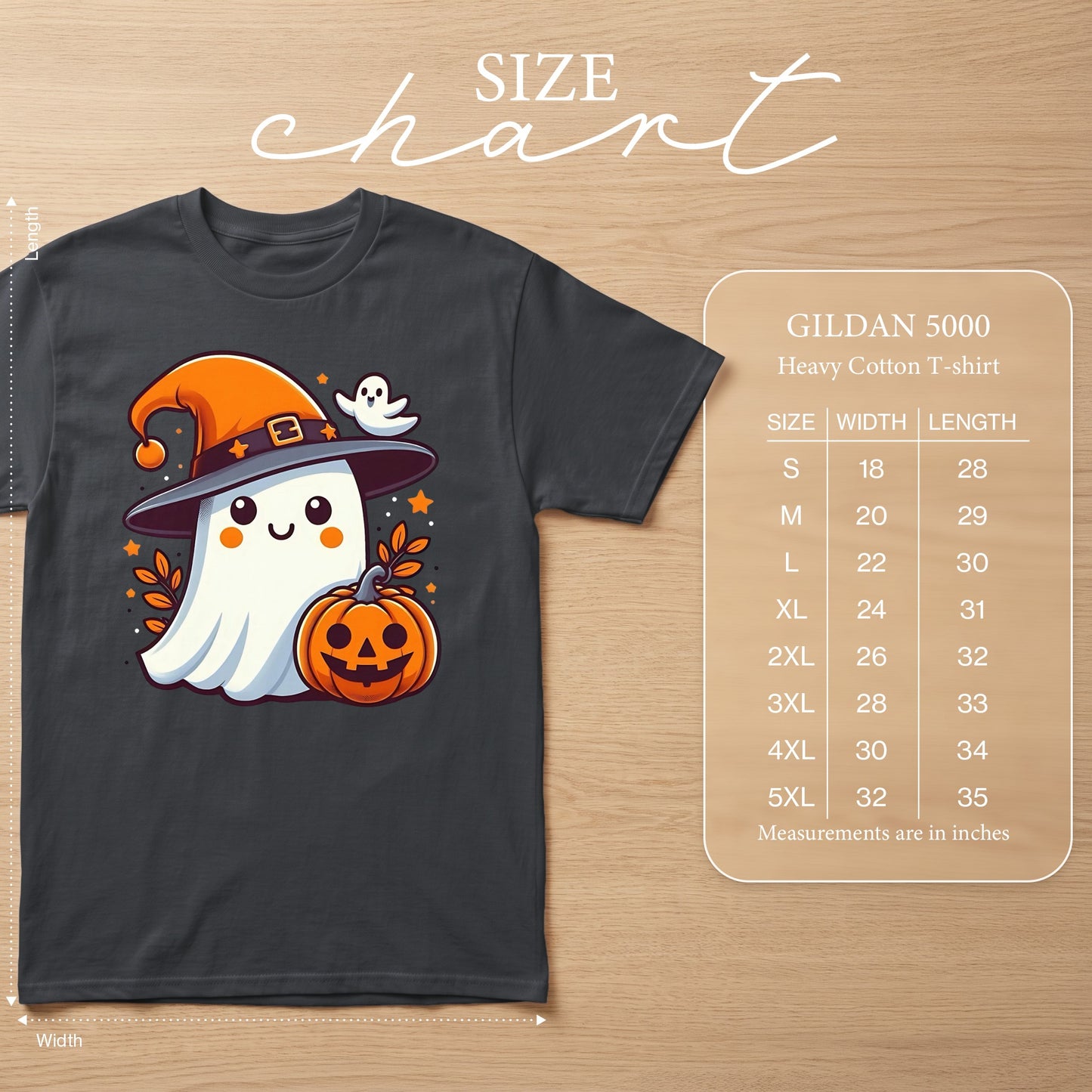 Gildan 5000 size chart for a heavy cotton t-shirt with a cute ghost and pumpkin graphic.