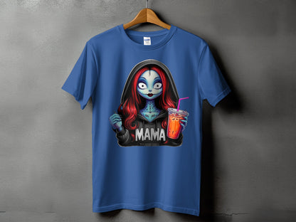 Blue t-shirt with "Mama" graphic featuring a character holding a drink.