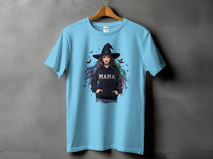 Light blue t-shirt with a witch graphic and "MAMA" text.