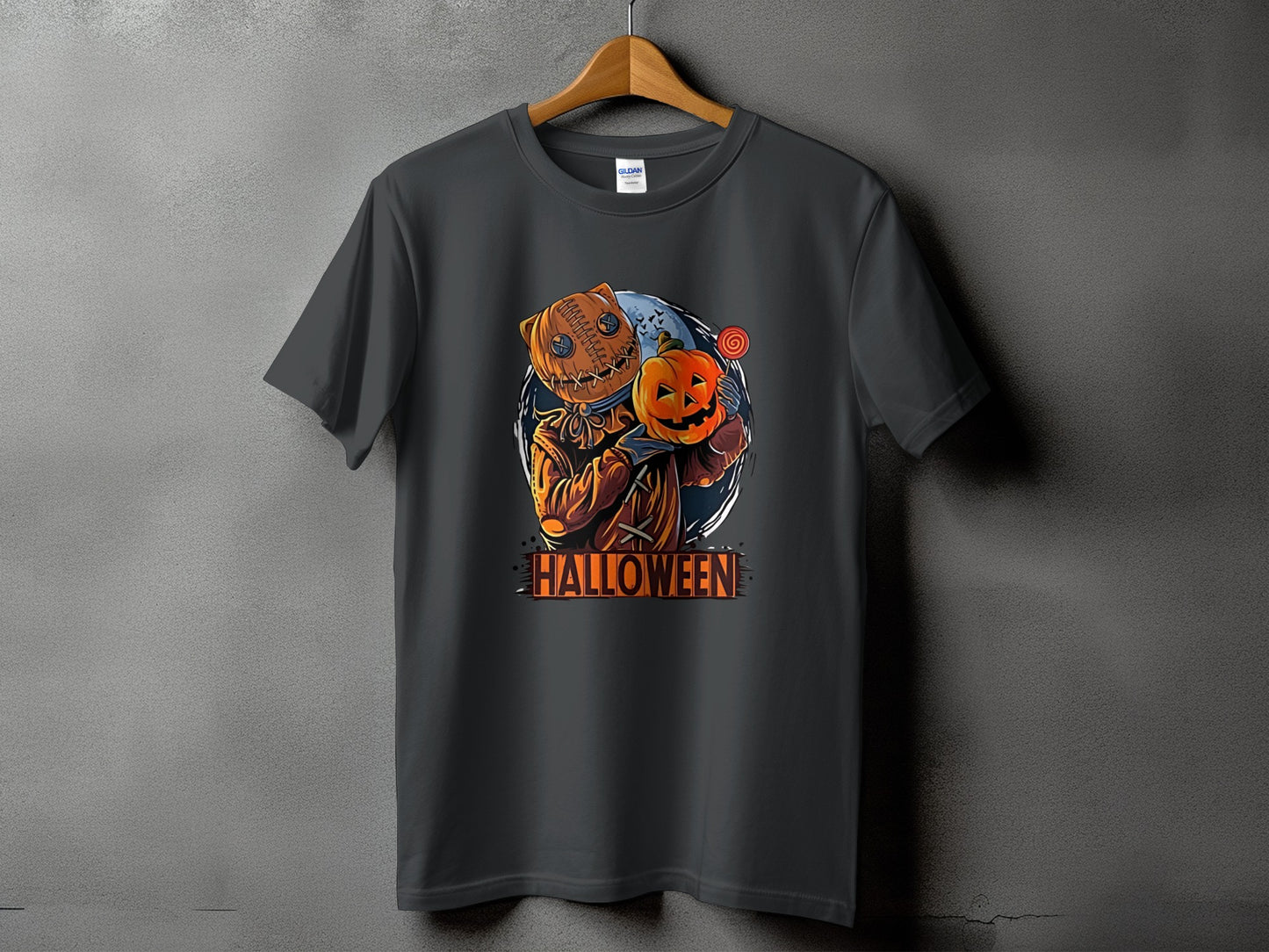 Dark grey t-shirt with a Halloween character holding a pumpkin and lollipop.
