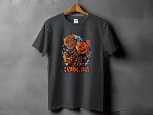 Dark grey t-shirt with a Halloween character holding a pumpkin and lollipop.