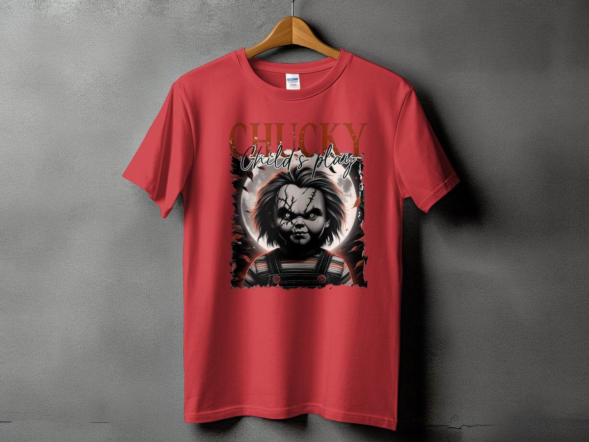 Red t-shirt with Chucky from Child's Play graphic and text.