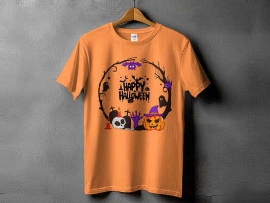 Orange t-shirt with "A Happy Halloween" text and spooky graphics in a circular design.