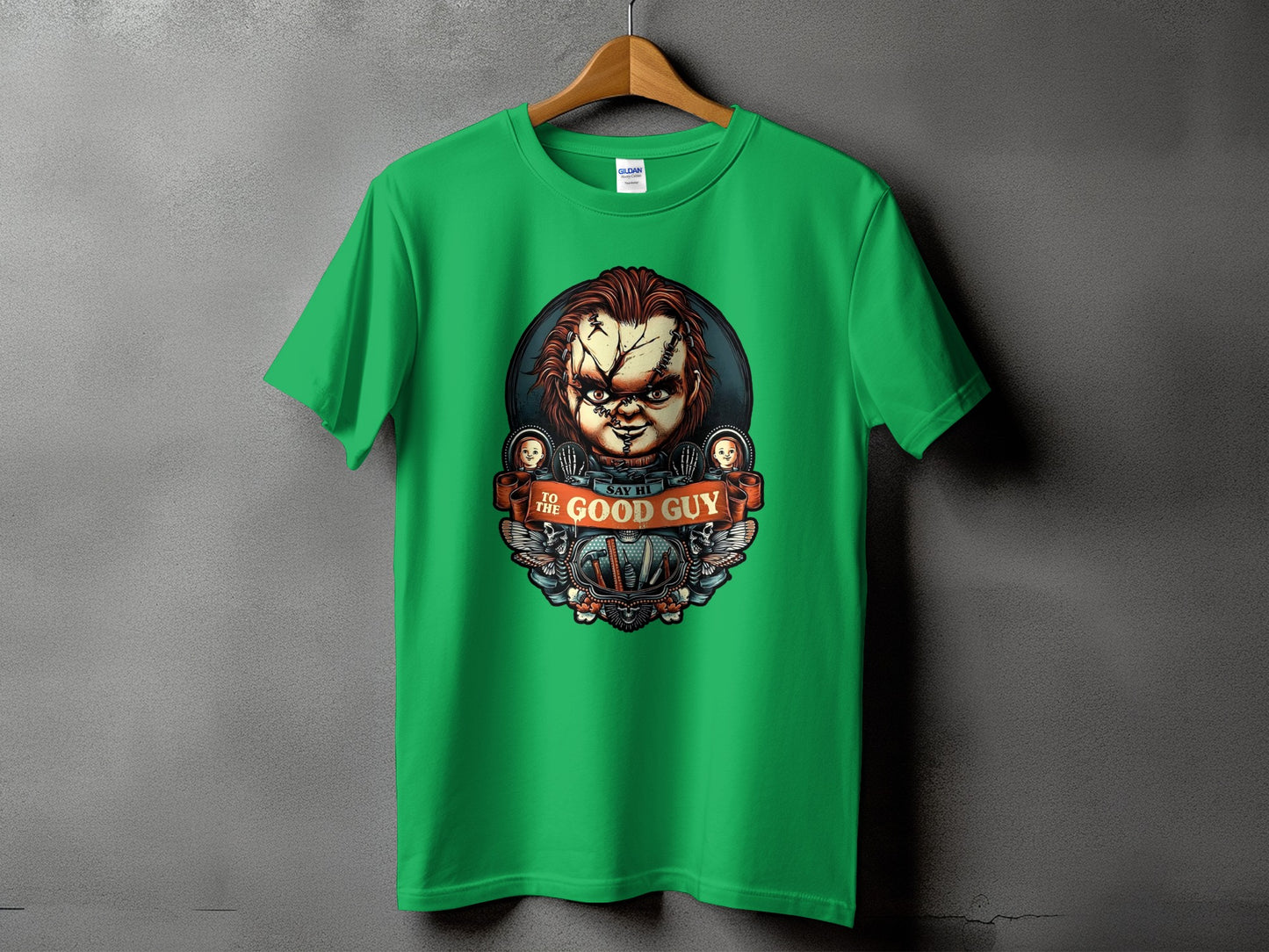 Green t-shirt with Chucky graphic and "Say Hi To The Good Guy" text.