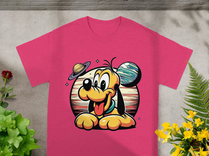 Pluto character with planets and stars on a pink t-shirt.