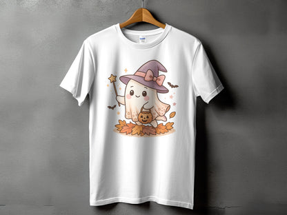 White t-shirt with a cute ghost wearing a witch hat and holding a pumpkin bucket.