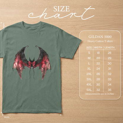 Gildan 5000 heavy cotton t-shirt size chart with bat graphic.