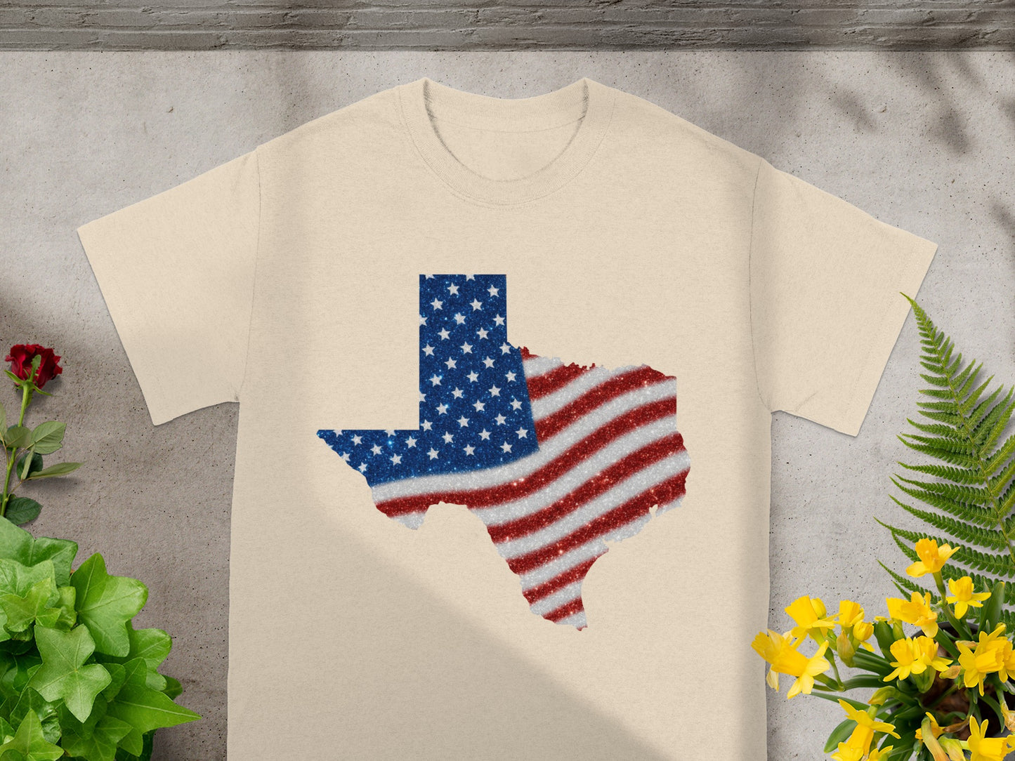 T-shirt with Texas map outline filled with American flag pattern.