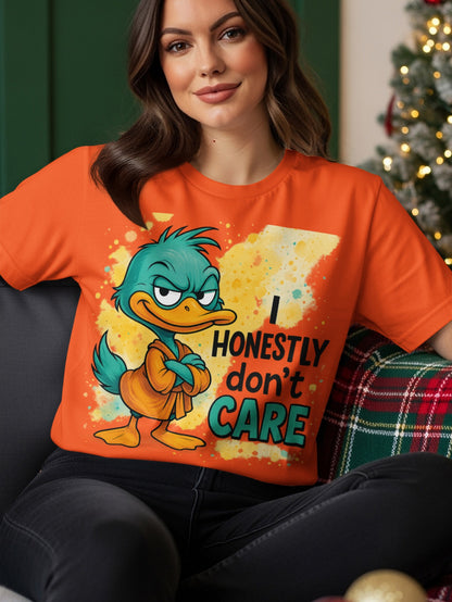 Orange t-shirt with a cartoon duck saying "I honestly don't care."