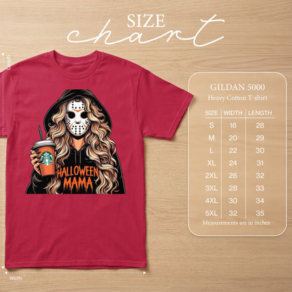 Red t-shirt with "Halloween Mama" graphic and a Gildan 5000 size chart.