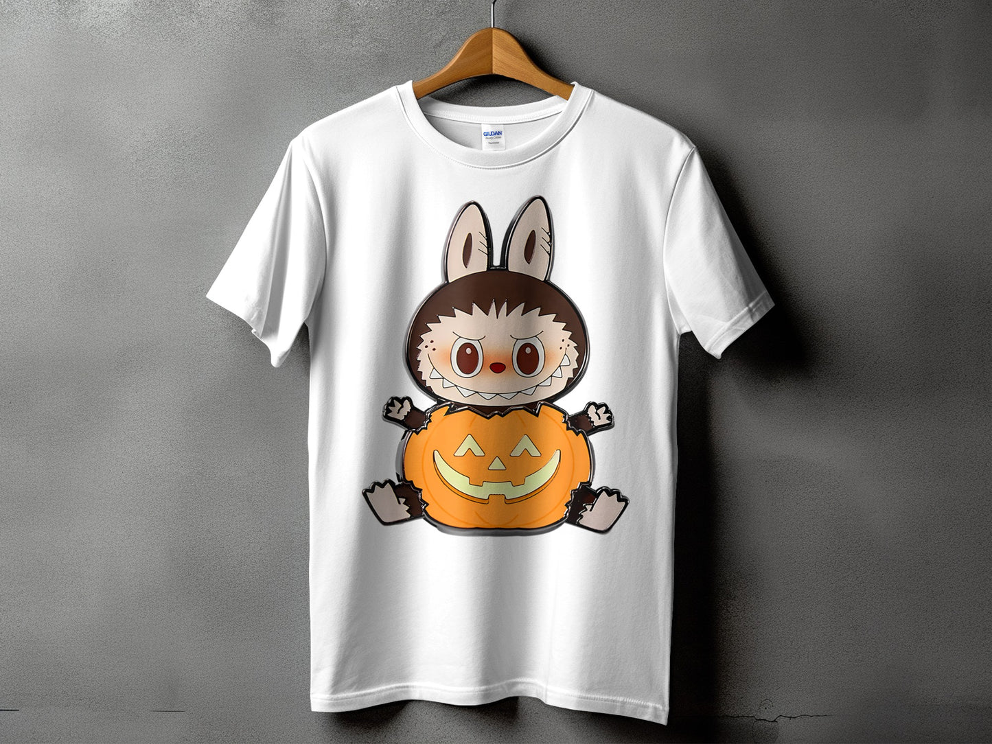 White t-shirt with a cartoon character sitting in a carved pumpkin.