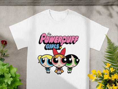 The Powerpuff Girls graphic on a white t-shirt.