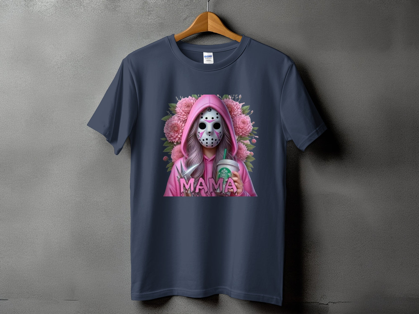 T-shirt with a graphic of a person in a pink hoodie and hockey mask holding a Starbucks cup.