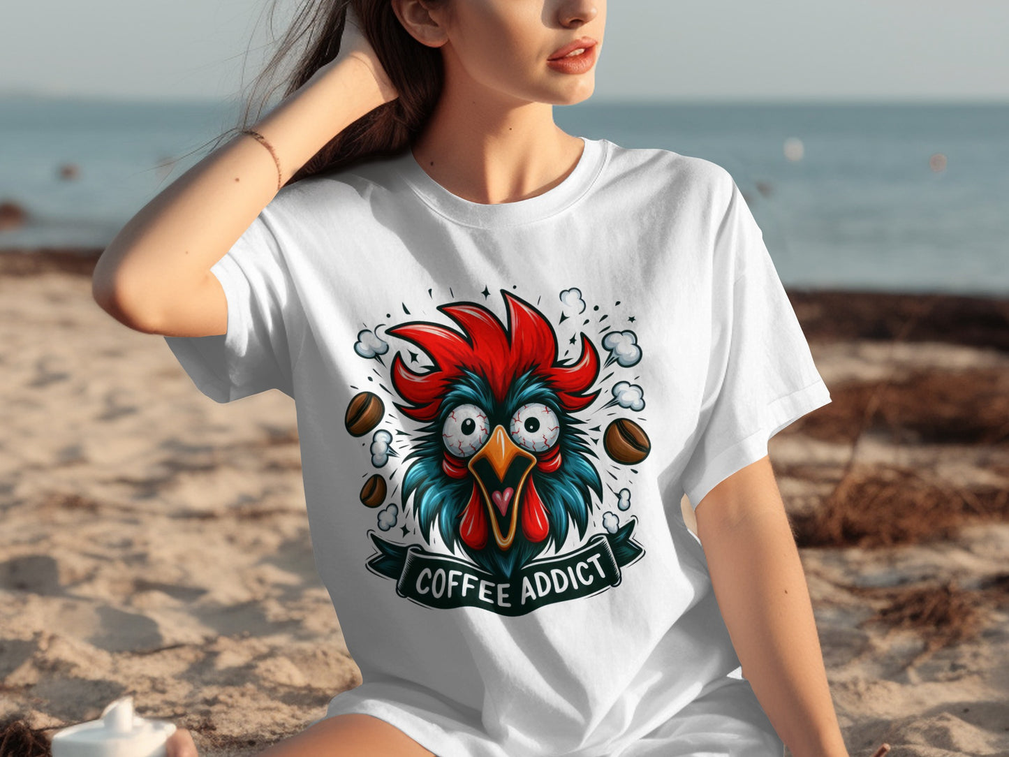Funny Coffee Addict Crazy Rooster Graphic T-shirt