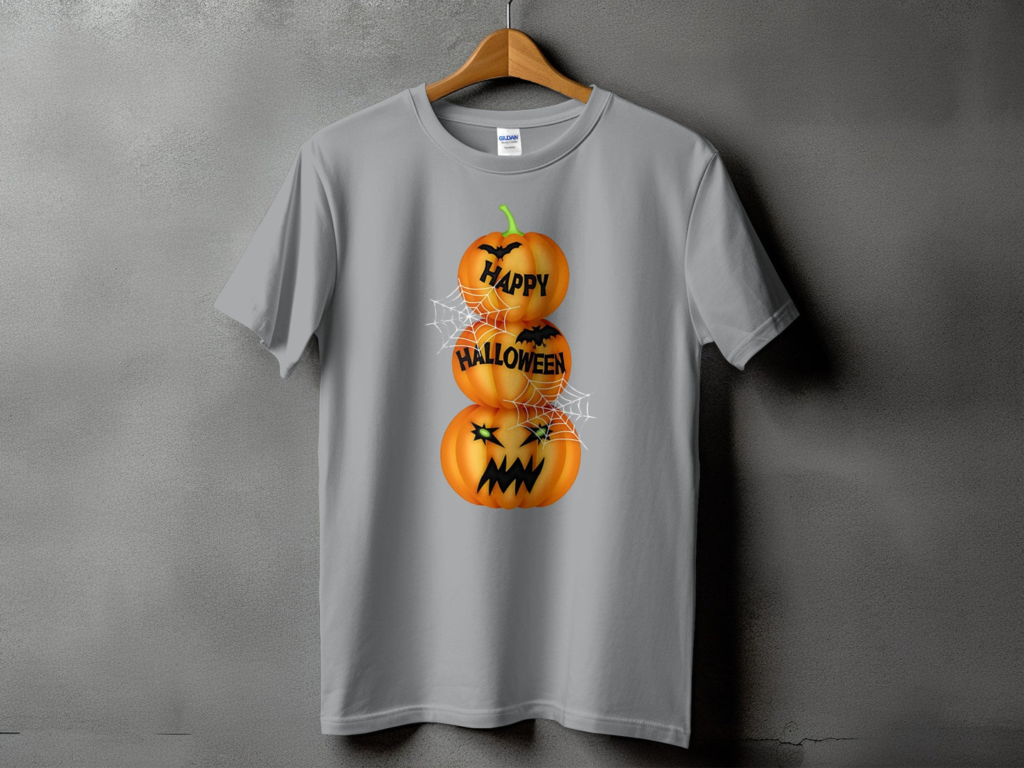 Gray t-shirt with stacked jack-o'-lanterns and "Happy Halloween" text.
