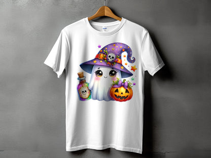 White t-shirt with cute ghost wearing witch hat, pumpkin, and potion bottle.
