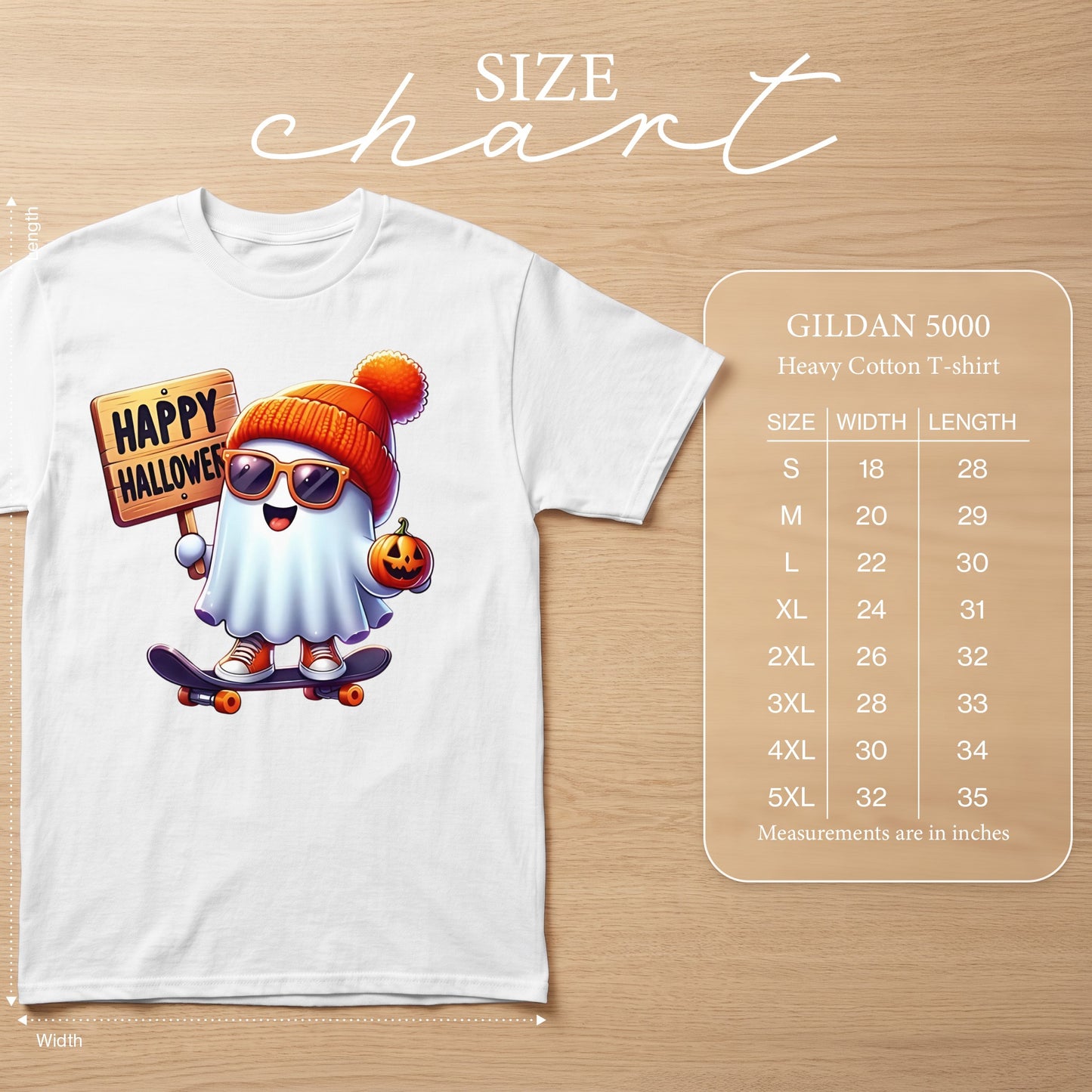 White t-shirt featuring a cartoon ghost on a skateboard holding a "Happy Halloween" sign.
