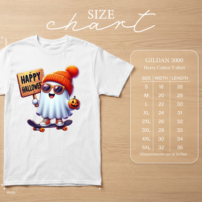 White t-shirt featuring a cartoon ghost on a skateboard holding a "Happy Halloween" sign.