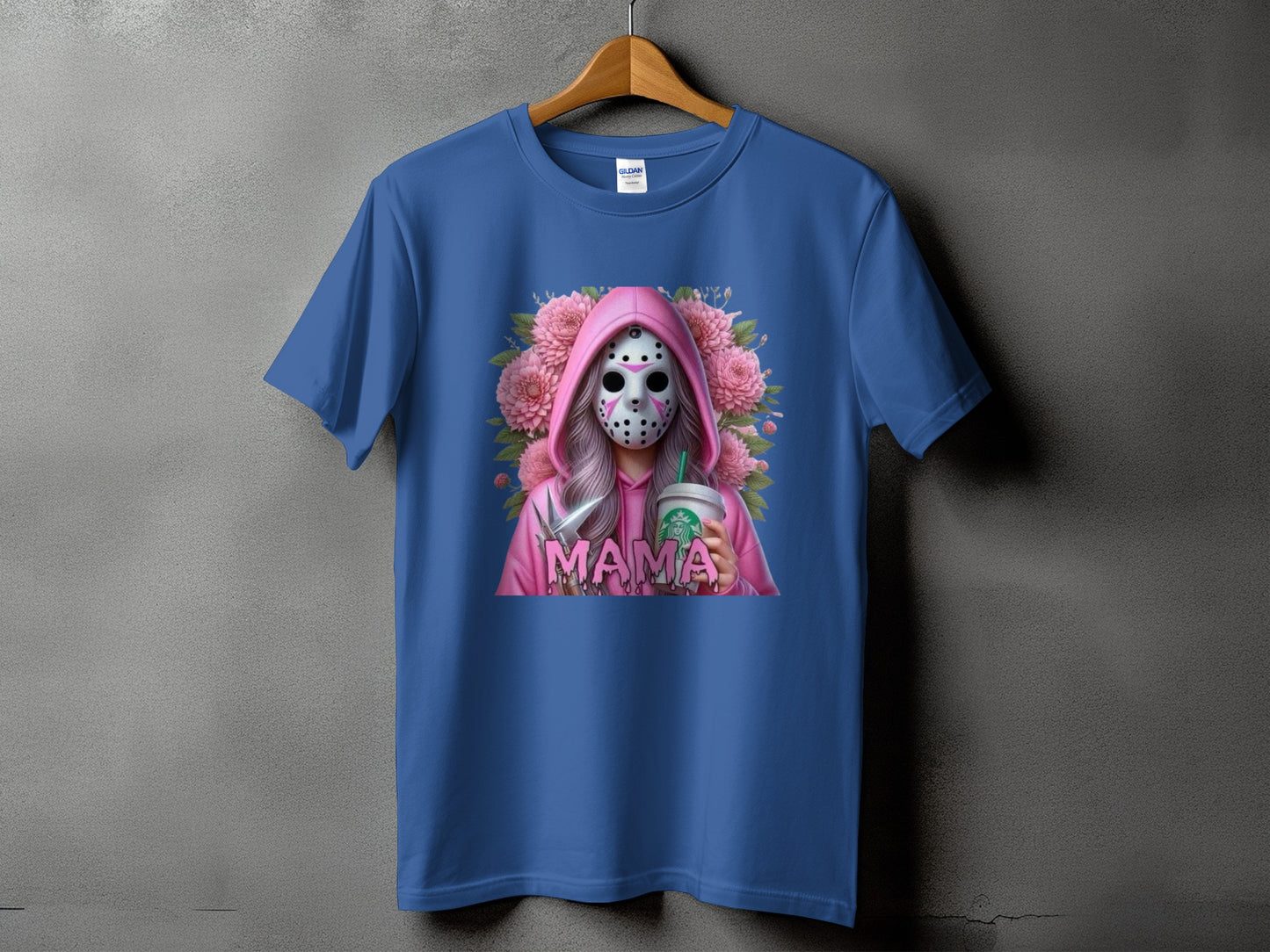 Blue t-shirt with "Mama" graphic featuring a masked figure holding coffee.