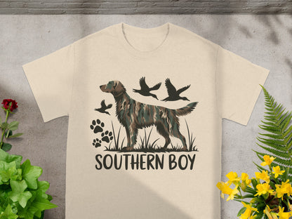 T-shirt with camouflage dog, flying ducks, paw prints, and text "SOUTHERN BOY".