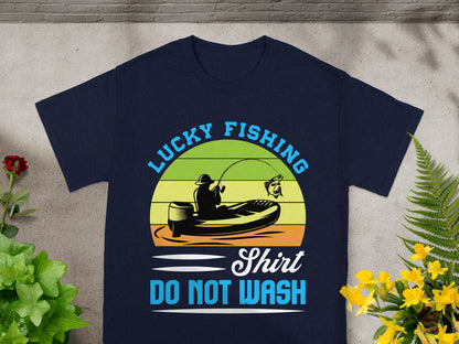 Lucky Fishing shirt graphic with angler in a boat and text "DO NOT WASH".